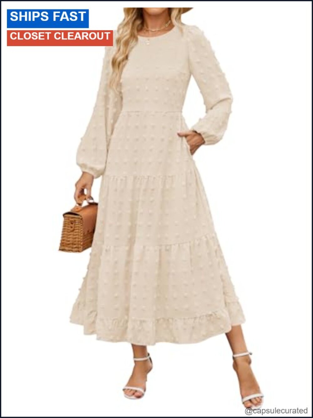 Women's Long Sleeve Swiss Dot Maxi Dress A-line Wedding Guest